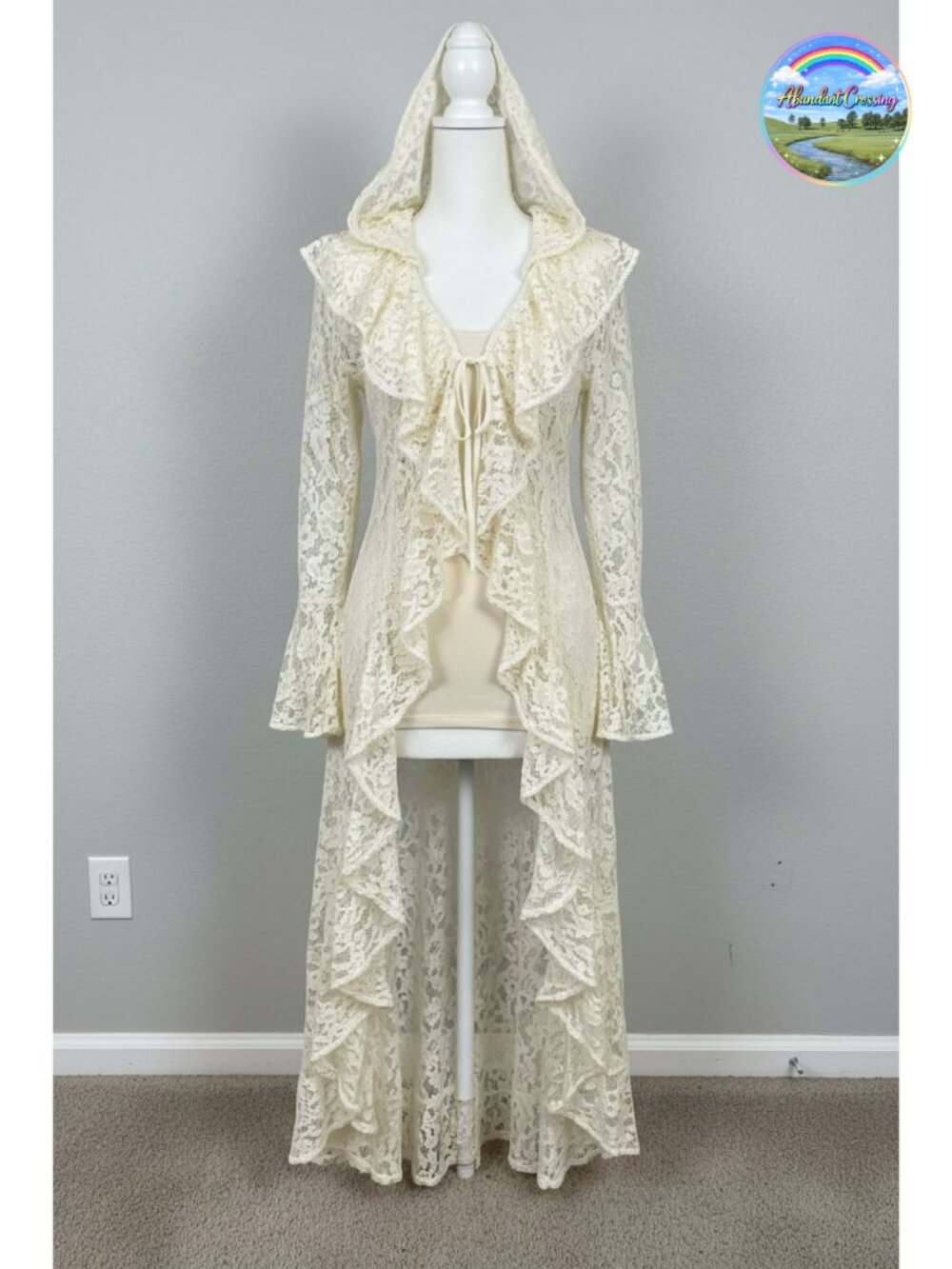Lace Maxi Cardigan Open Front Tie Bell Sleeve Ruffled Duster Cover Up